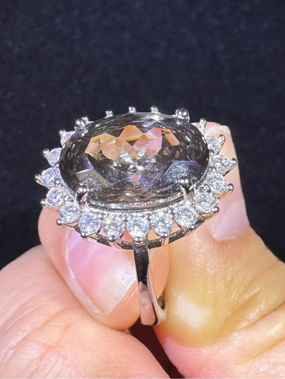 Fingerprint Cut CZ Gray Green Adjustable Ring